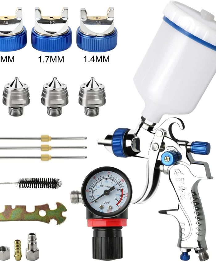 HVLP Professionnel 600cc avec 3 Buses 1,4mm 1,7mm 2,0mm, Pistolet à Pulvérisation à Alimentation par Gravité avec régulateur d&rsquo;air pour la Peinture de Meubles automatiques