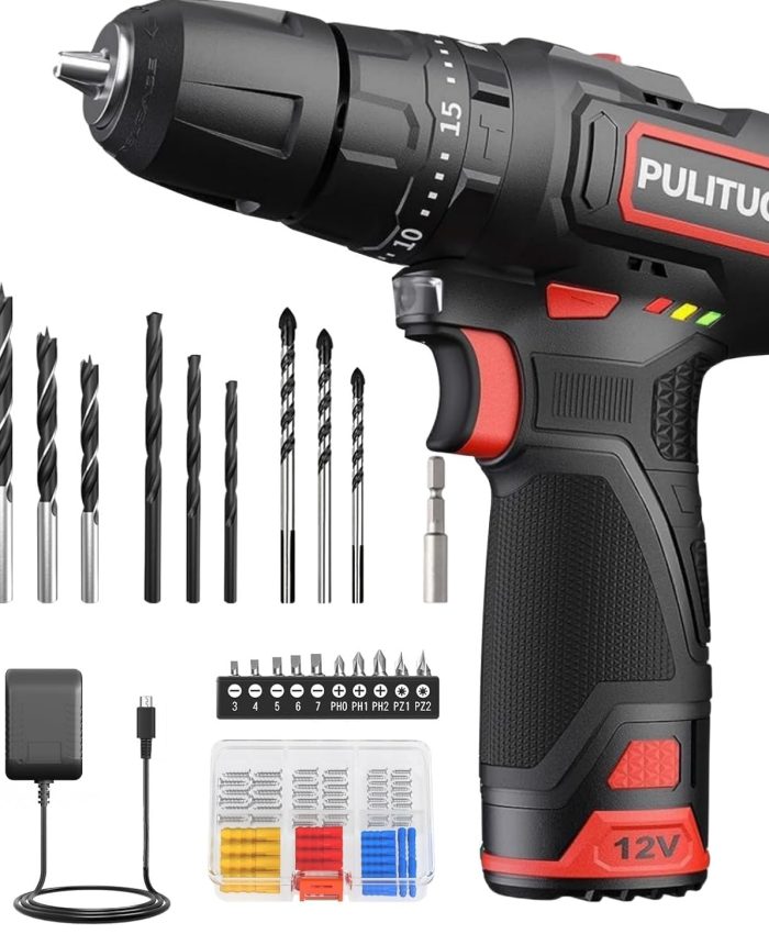PULITUO Perceuse à percussion sans fil 12 V, kit perceuse à percussion, visseuse sans fil avec mandrin métallique 3/8&Prime;, 21 + 1 + 1 positions de couple, batterie avec lumière LED, couple maximal 35 N.m