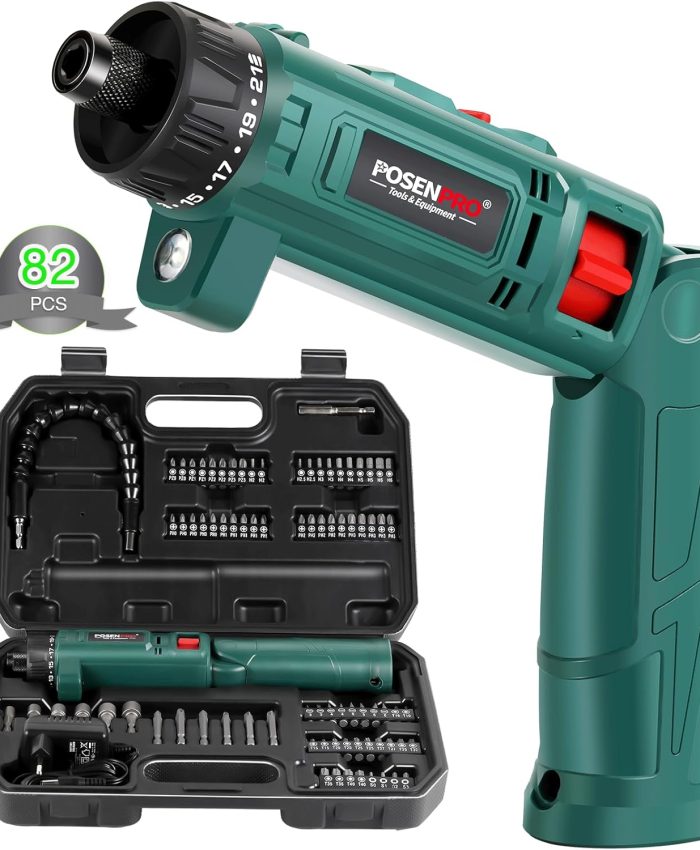Visseuse Sans Fil 10Nm, POSENPRO Visseuse Devisseuse Sans Fil 8V avec 82 Accessoires, 210RPM, 21+1 Réglages de Couple, Poignée à Double Position, LED Visseuse Pour Bricolage