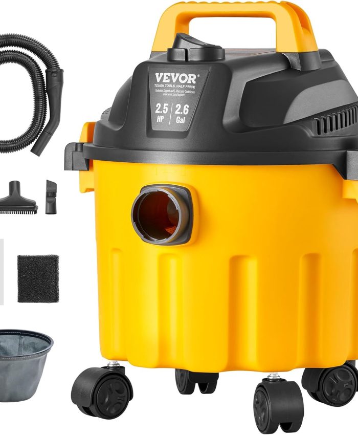 VEVOR Aspirateur eau et poussière 10 L, aspirateur d&rsquo;atelier sec humide portable léger, 2,5 CV max, aspiration et soufflerie efficaces avec buse, roulettes, pour tapis, débris, poils d&rsquo;animaux, jaune