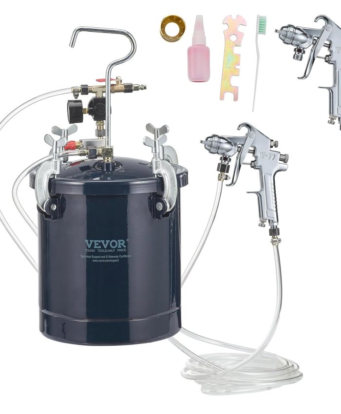 VEVOR Pistolet à Peinture avec Réservoir 10 L Pot de Pression de Peinture Entrée d’Air 6,4 mm Sortie 9,5 mm 2 Pulvérisateurs de Peinture Buse 1,5 mm 4 mm Pression Max 60 PSI pour Décoration Intérieure