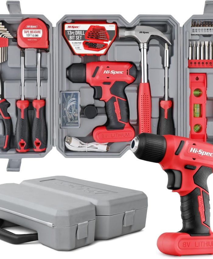 Hi-Spec Perceuse Visseuse devisseuse sans Fil 8V Rouge – Boite a Outils Complete avec Outils de Bricolage – Embouts, Forets, Marteau, Tournevis et Plus – Travaux, Entretien et Réparations à Domicile