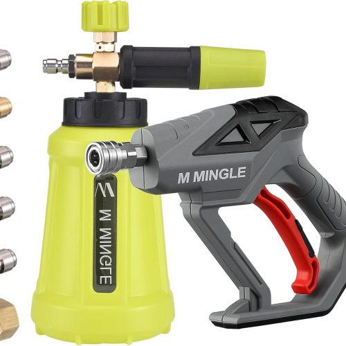 M Mingle Pistolet à Mousse pour Nettoyeur Haute Pression, Canon à Mousse 4000 PSI avec Connexion Rapide 1/4&Prime;, kit de Canon pour Lave-Auto avec 5 Embouts de buse pour Nettoyeur Haute Pression, 1 Litre