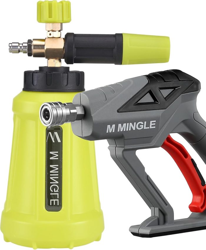 M Mingle Pistolet à Mousse pour Nettoyeur Haute Pression, Canon à Mousse 4000 PSI avec Connexion Rapide 1/4&Prime;, kit de Canon pour Lave-Auto avec 5 Embouts de buse pour Nettoyeur Haute Pression, 1 Litre