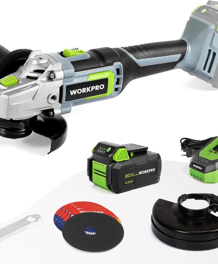 WORKPRO Meuleuse d&rsquo;angle Electrique sans Fil 20V avec Batterie 4,0Ah, Ø125mm, Léger avec 5 Disques à Tronçonner, 2 Capots de Protection, Chargeur Rapide et Poignée Auxiliaire