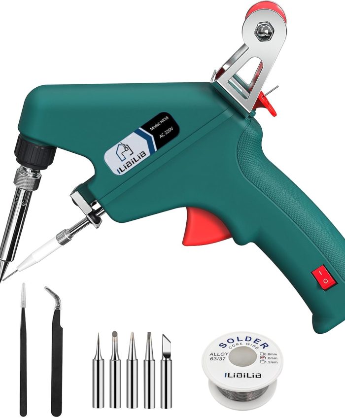 ILIBILIB Fer à souder, 60W 220V Pistolet à souder Outil de soudage à une main avec interrupteur marche/arrêt, fil à souder et pompe à dessouder pour l&rsquo;électronique et les réparations