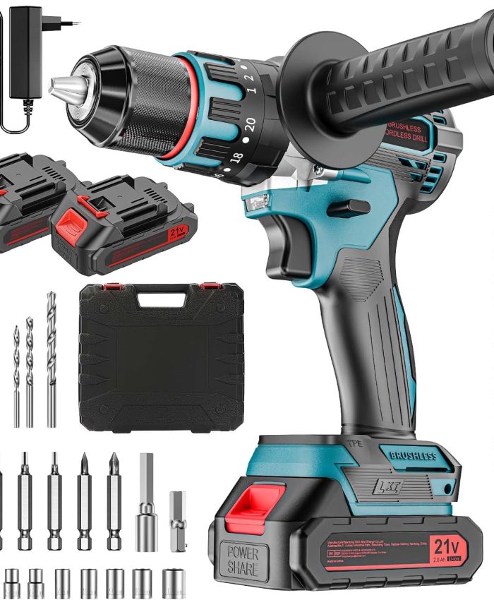 Brushless Perceuse Visseuse Sans Fil 21V, Visseuse Devisseuse Sans Fil avec 2 Batteries 2,0Ah, Perceuse Percussion pour le Bricolage, 80 Nm, 0-3000RPM, 2 Vitesses, LED