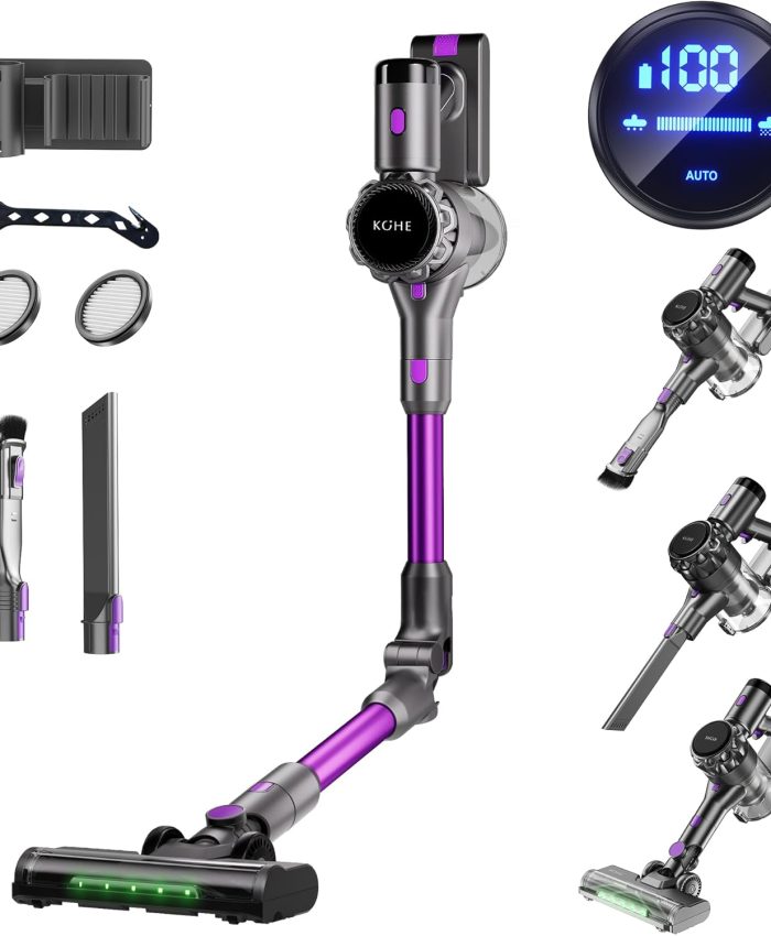 KOHE K10 Aspirateur Balai sans Fil 500W 33Kpa, Aspirateur sans Fil Pliable Puissant 130,000 TR/Min, 4 Modes de Puissance d&rsquo;aspiration, Jusqu&rsquo;à 55 Minutes Autonomie, Cyclone à 6 Niveaux, Violet