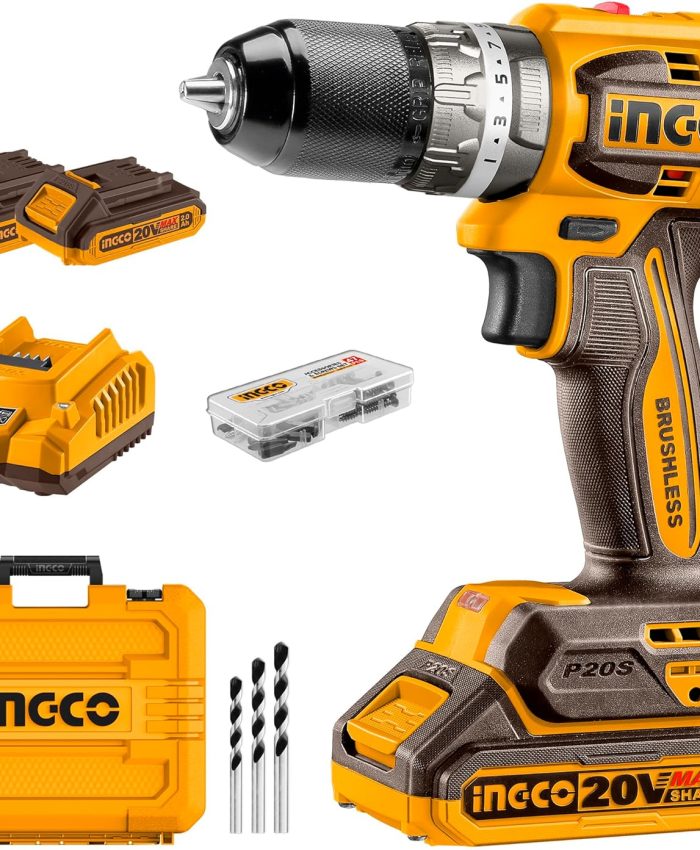 INGCO Perceuse Visseuse à Percussion sans Fil 20V 60NM, Moteur Sans Balais, 2000 tr/min, Outils De Perceuse électrique, Visseuse Devisseuse Sans Fil avec 2 Batteries 2,0 Ah et 1 Chargeur CIDLI20602E