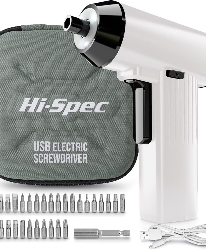 Hi-Spec Élégant Visseuse Devisseuse Sans Fil 3.6V, Mini Visseuse Électrique USB Rechargeable, Kit avec 33 Embouts Populaires – Parfaite pour le Bricolage à Domicile et au Bureau, Livrée avec Sac