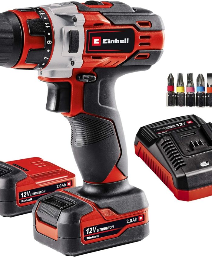 Einhell Perceuse Visseuse sans fil TE-CD 12/1 Li (2×2,0Ah) (12V, 2 Vitesses, Système LED, Livré avec chargeur et batterie)