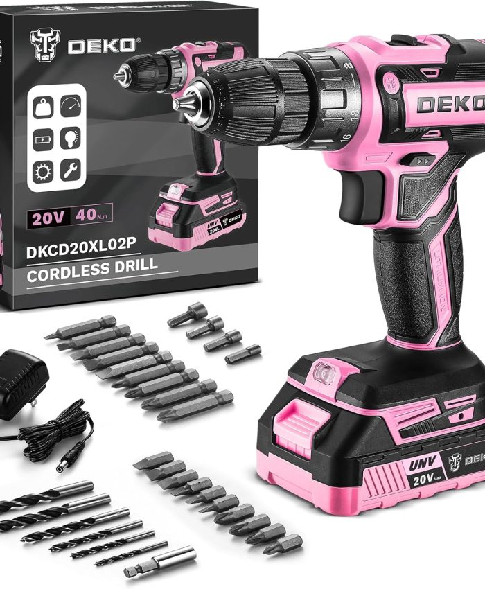 Perceuse électrique sans fil : DEKO PRO Perceuse sans fil rose 20 V pour femmes perceuses sans fil avec batterie et chargeur, kit de perceuse-visseuse 20 V