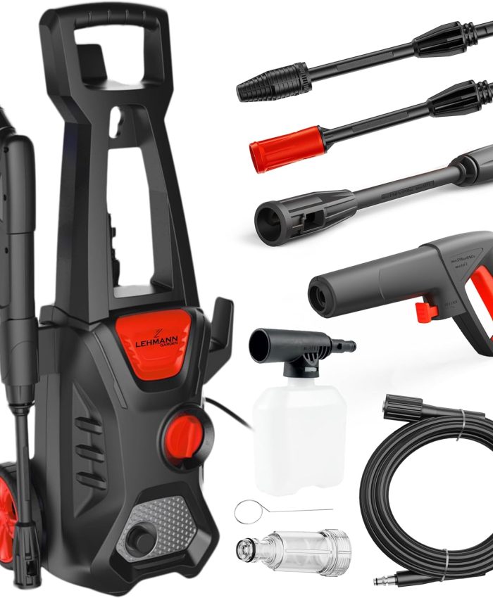 Lehmann Jukon Nettoyeur haute pression avec pompe d&rsquo;aspiration en aluminium, débit 480 l/h, 1600 W, tuyau haute pression de 5 m, nettoyeur de surface compact avec réservoir à détergent