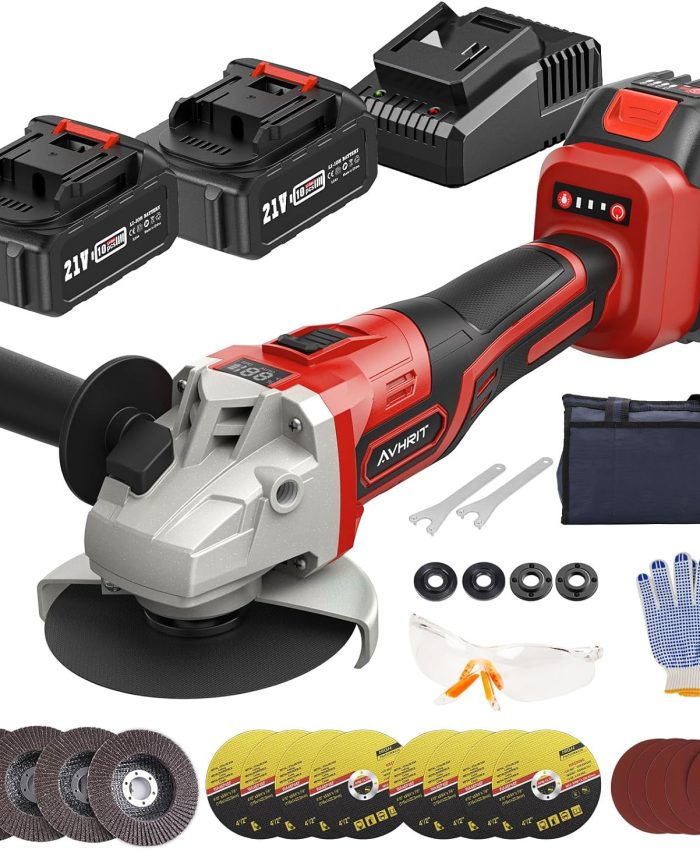 Meuleuse d&rsquo;angle sans fil, meuleuse d&rsquo;angle 21V avec 2 batteries 4.0Ah, 9000RPM moteur brushless, disques de coupe 125mm, disque à lamelles pour couper, meuler. (rouge)