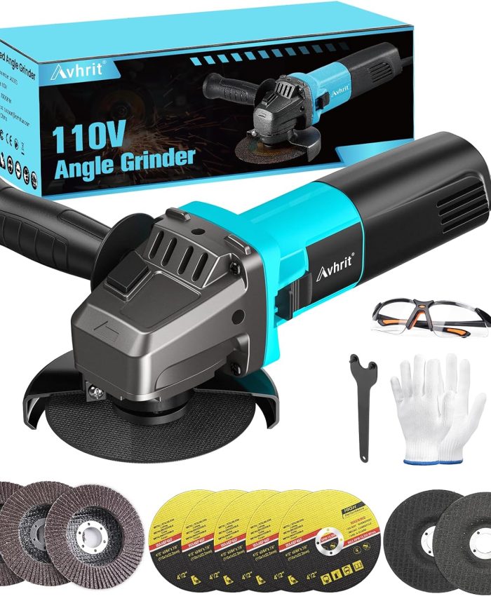 Avhrit Meuleuse d&rsquo;angle 125 mm, outils de meulage d&rsquo;angle filaires 10 ampères, 11.800 tr/min Meuleuse à métaux avec 5 disques de coupe/3 disques abrasifs/2 disques à lamelles pour couper, poncer