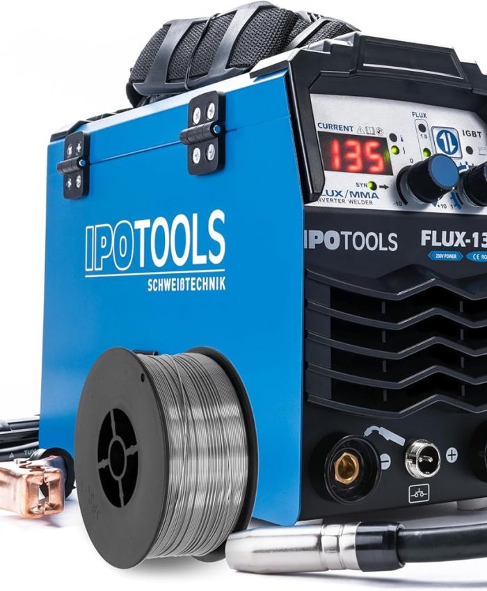 IPOTOOLS FLUX-135 Poste à souder fil fourré sans gaz – 135 A FLUX Poste à souder inverter sans gaz pour poste à souder fil fourré 0.8mm ou 1.0mm avec MMA/IGBT / 230V / 7 ans de garantie