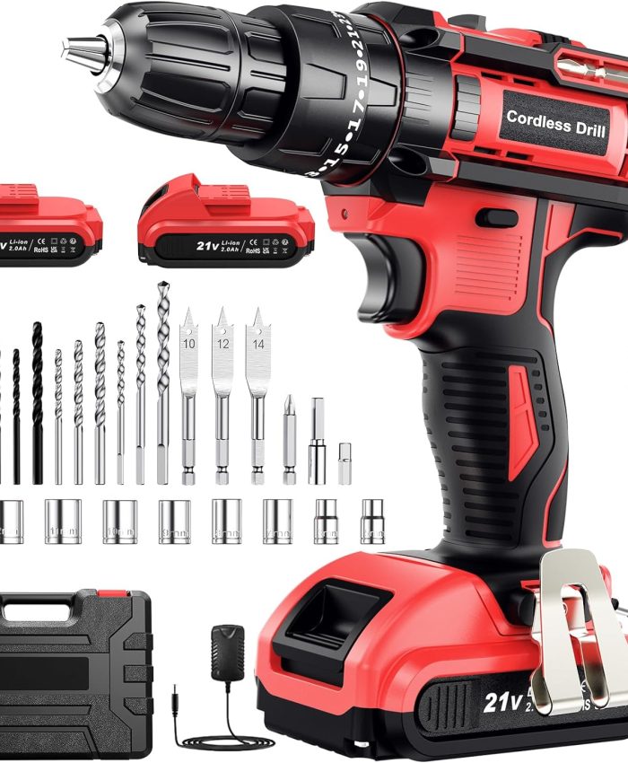 Perceuse Visseuse Sans Fil 21V, Visseuse Devisseuse Sans Fil avec 2 Batteries 2.0Ah, 42Nm Perceuse Percussion, 25+3 Réglages de Couple, 30 Accessoires, 2 Vitesses, LED, pour le Bricolage