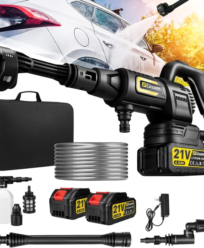 Nettoyeur Haute Pression sur Batterie, Gisam Pressure Washer Portable Max 35Bar, 2×4.0 Ah Batteries, 6-en-1 Multi-buse, Buse rotative à 180°, Pulvérisateur de Mousse, 5M Tuyau | Irrigation Propre