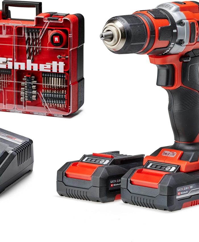 Einhell Perceuse Visseuse sans fil TE-CD 18/40 Li +69 (2×2,0 Ah) Power X-Change (Li-Ion, 18 V, Couple 40 Nm) Livré avec 2 Batteries 2,0Ah, Chargeur et 69 Accessoires