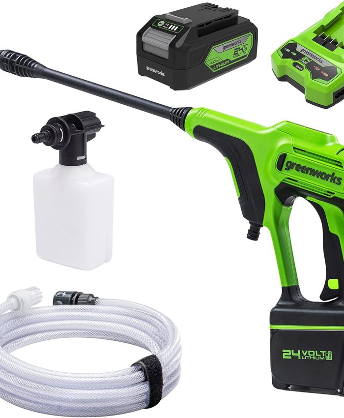 Greenworks Pistolet nettoyeur à pression sur batterie G24PWK4 (Li-Ion 24V, puissance moteur 300 Watt, pression 24 bar, débit 180 l/h, buse à 5 positions, tuyau de 6m,avec 4Ah batterie et chargeur)