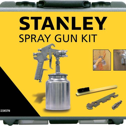 Stanley Pistolet à Peinture pour Compresseur 160123XSTN – avec Mallette de Rangement, Clé, Pinceau et Raccord 1/4&Prime; – 4Bar – Métal – Argenté