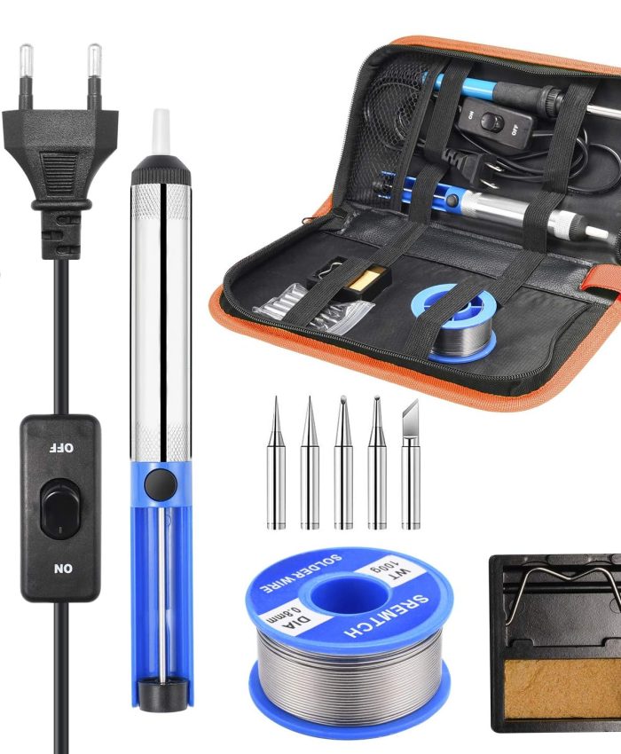 Fer à Souder Kit, SREMTCH 60W Kit de Soudure Electrique avec Interrupteur On/Off, Temperature Réglable de 200~450℃, 5 Pointe de Soudage, Fil de Soudure, Pompe à Dessouder, Support et Pochette en Tissu