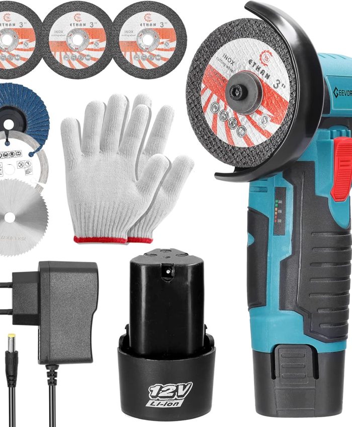 Geevorks Mini Meuleuse D&rsquo;Angle Sans Fil 19500RPM 12V Professional Disqueuse | 2 Batterie 2.0Ah | 6 Disques à Tronçonner 76mm | Meuleuse Angulaire – pour le Meulage et la Coupe