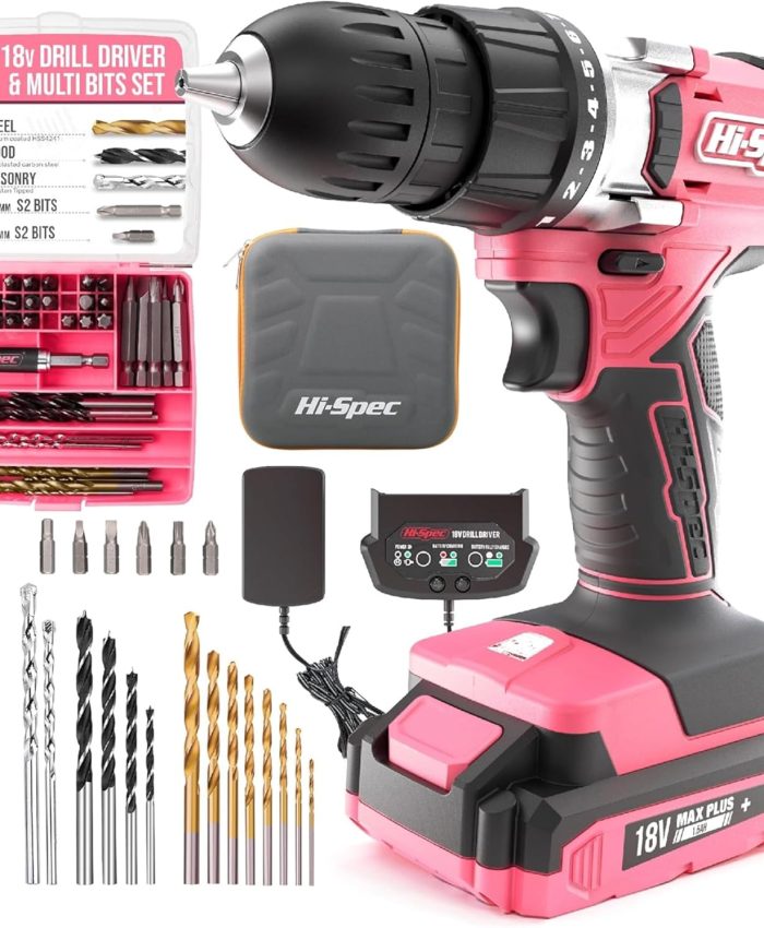 Hi-Spec Perceuse Visseuse sans Fil 18V Rose, Multifonction, Batterie Li-Ion, 58 Accessoires pour Bois et Métal, Kit Bricolage Complet pour Entretien Domestique