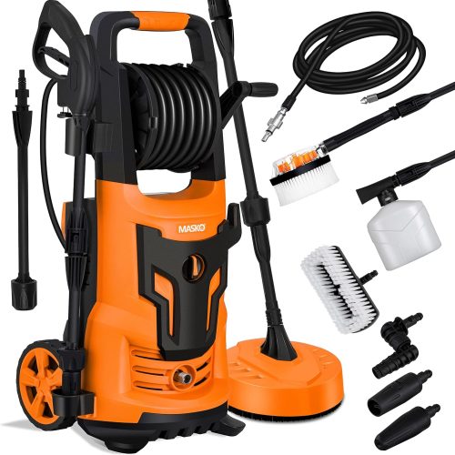 MASKO® Nettoyeur Haute Pression 2200 Watts 165 Bar 450 l/h, avec Bobine Enrouleur 10m de Tuyau 9.TLG. Set d&rsquo;accessoires, avec Bouteille de Savon buse à Mousse, Pistolet Haute Pression, Orange
