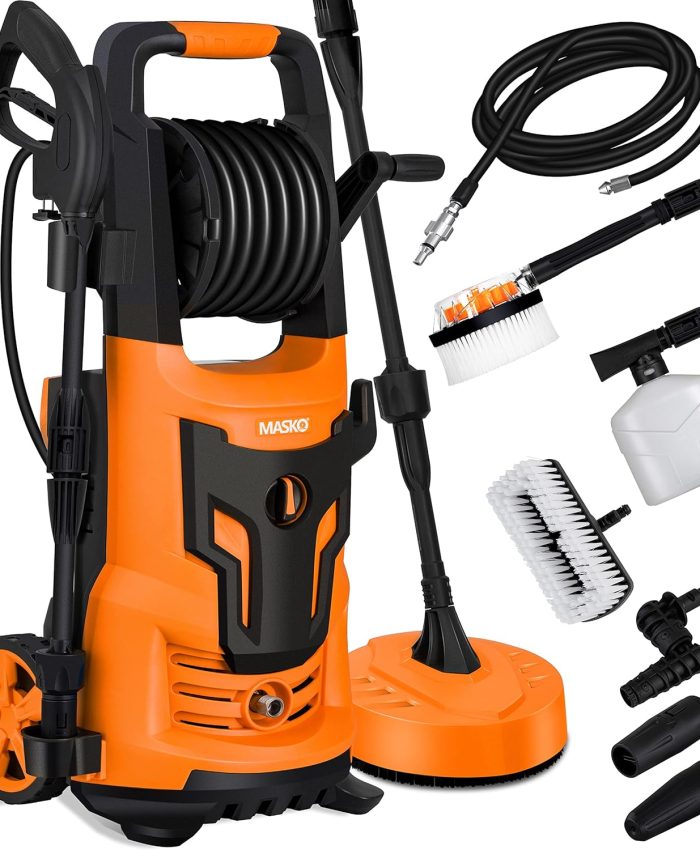 MASKO® Nettoyeur Haute Pression 2200 Watts 165 Bar 450 l/h, avec Bobine Enrouleur 10m de Tuyau 9.TLG. Set d&rsquo;accessoires, avec Bouteille de Savon buse à Mousse, Pistolet Haute Pression, Orange