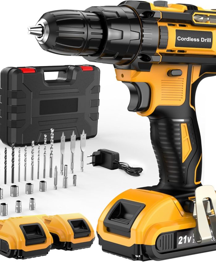JYGMPRO Perceuse Visseuse Sans Fil 21V, Visseuse Devisseuse avec 2 Batteries 2.0Ah, 42Nm Percussion, 25+3 Réglages de Couple, 30 Accessoires, 2 Vitesses, LED, pour le Bricolage