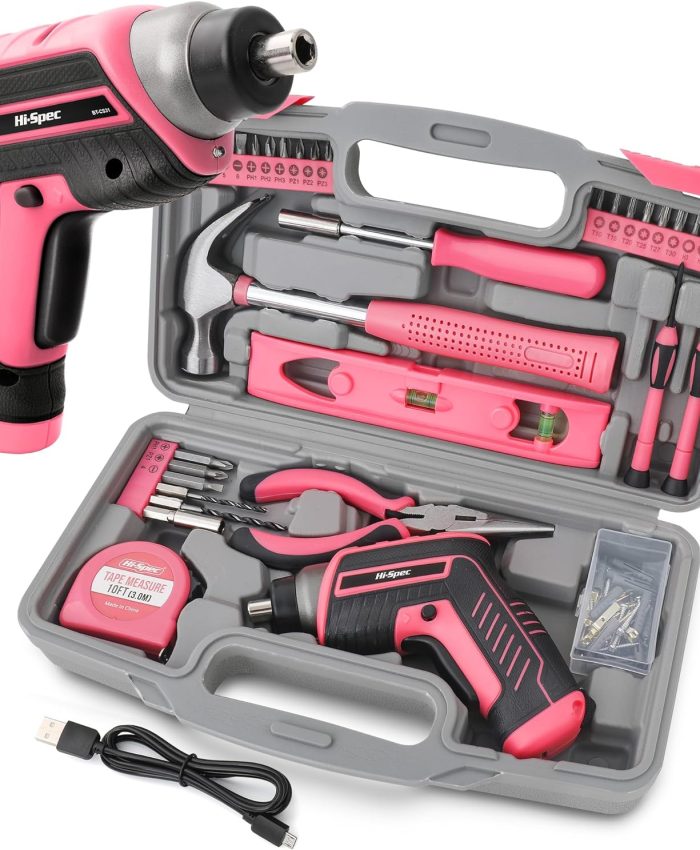 Hi-Spec Tournevis Électrique 3.6V Rose – Perceuse Visseuse Devisseuse Sans Fil avec Ensemble d&rsquo;Outils – Boite a Outils Complete – Marteau, Pince, Forets, Jeu de Tournevis et Embouts pour Bricolage