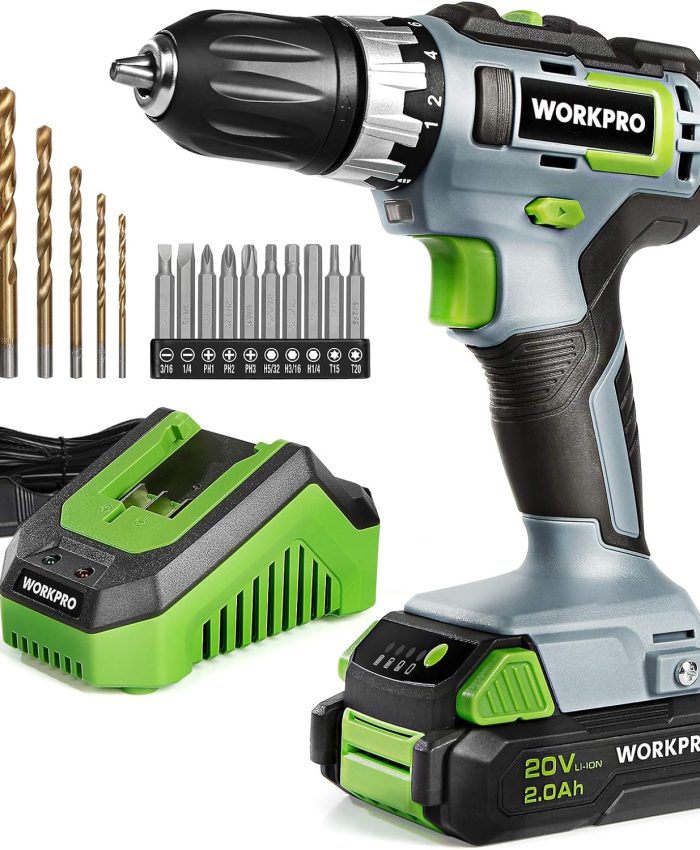WORKPRO Perceuse Visseuse sans Fil 18V avec Mandrin 3/8’’, 2 Vitesses, Réglage de Couple 18 + 1, Charge Rapide 1H, Visseuse Devisseuse avec Batterie au Lithium-ion 2,0Ah et 16 Accessoirs