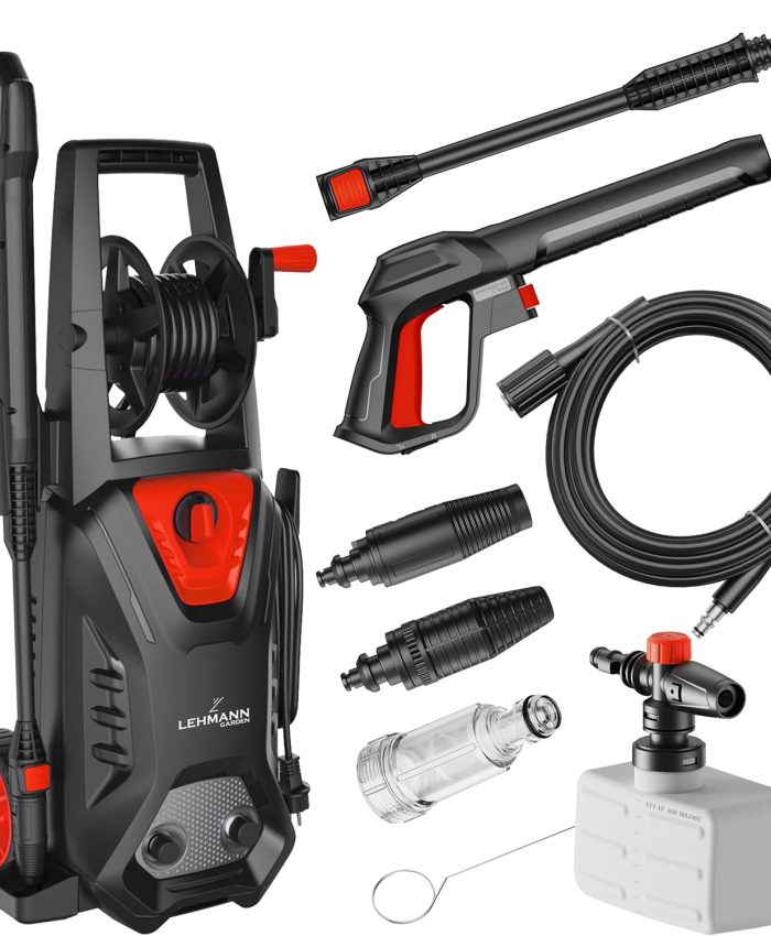 Lehmann Nettoyeur Haute Pression avec Pompe en Aluminium 220 Bars | Débit de 450 l/h | Puissance de 1800 W | Tuyau Haute Pression de 5 mètres | Compact avec réservoir à détergent