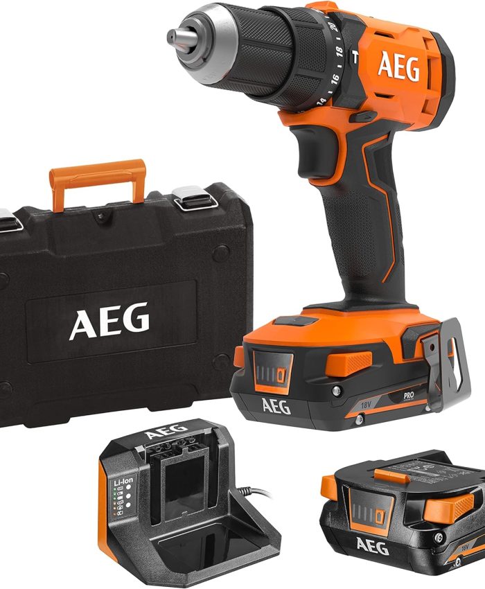 AEG – Perceuse à percussion sans fil à batterie – couple puissant 60Nm – mallette de transport, 2 batteries 18V 2,0 Ah et chargeur de batterie – BSB 18 G4-202C