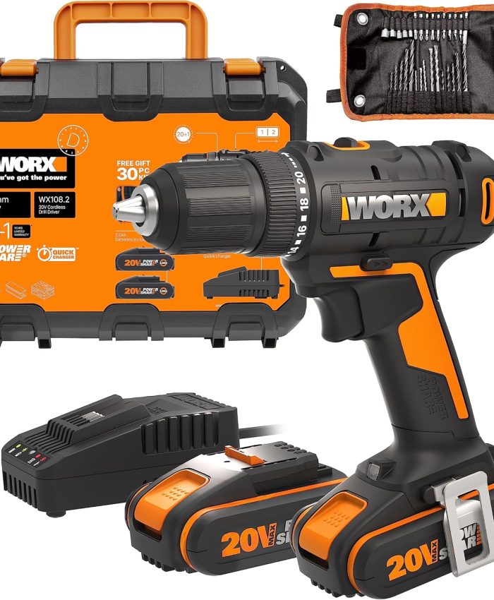 WORX Perceuse Visseuse sans Fil 18V (20V MAX) WX108.2, PowerShare, Max 45Nm, avec Batteries 2 x 2,0 Ah et 30 Forets, 2 Vitesses, LED, Mandrin sans Clé 13mm