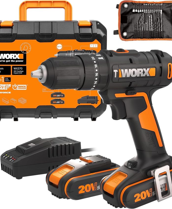 WORX Perceuse Visseuse à Percussion sans Fil 18V (20V MAX) WX370, PowerShare, Max. 50Nm, avec 2 batteries 2,0 Ah et 30 forets, 2 Vitesses Variable, Mandrin Automatique 13mm