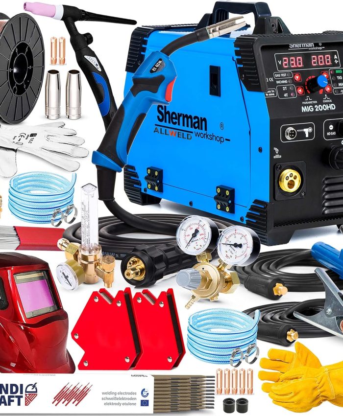 SHERMAN MIG 200 HD PROFESSIONAL SET Machine à Souder Semi-Automatique à Onduleur 3 en 1 MMA TIG DC LIFT MIG-MAG Manual Laser Alimentation 230V 200A